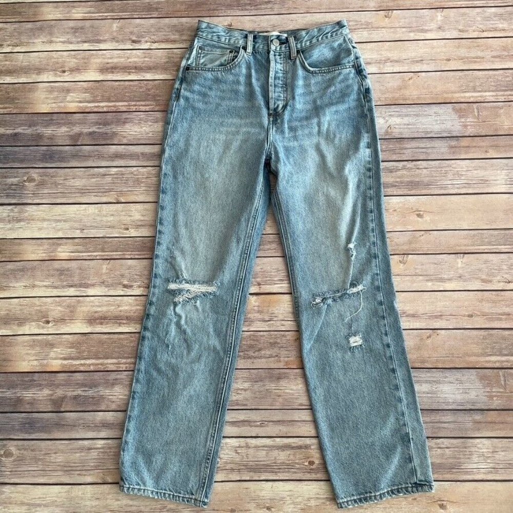 Denim Forum Joni High Rise Loose Jeans Light Wash Knee Holes Distressed - Picture 2 of 12